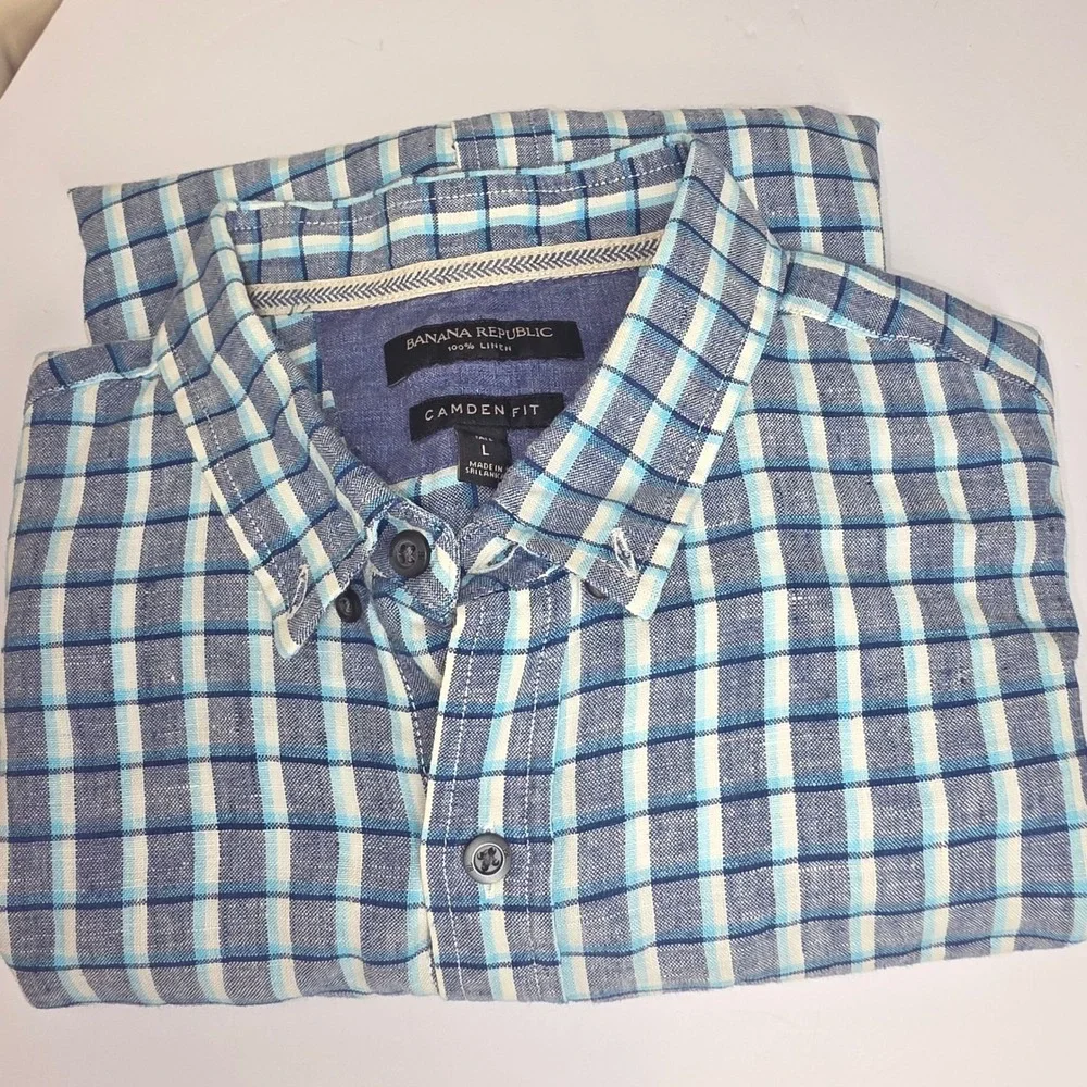 Banana Republic Linen‎ Shirt Camden Fit Plaid Short Sleeve Button Up Large
